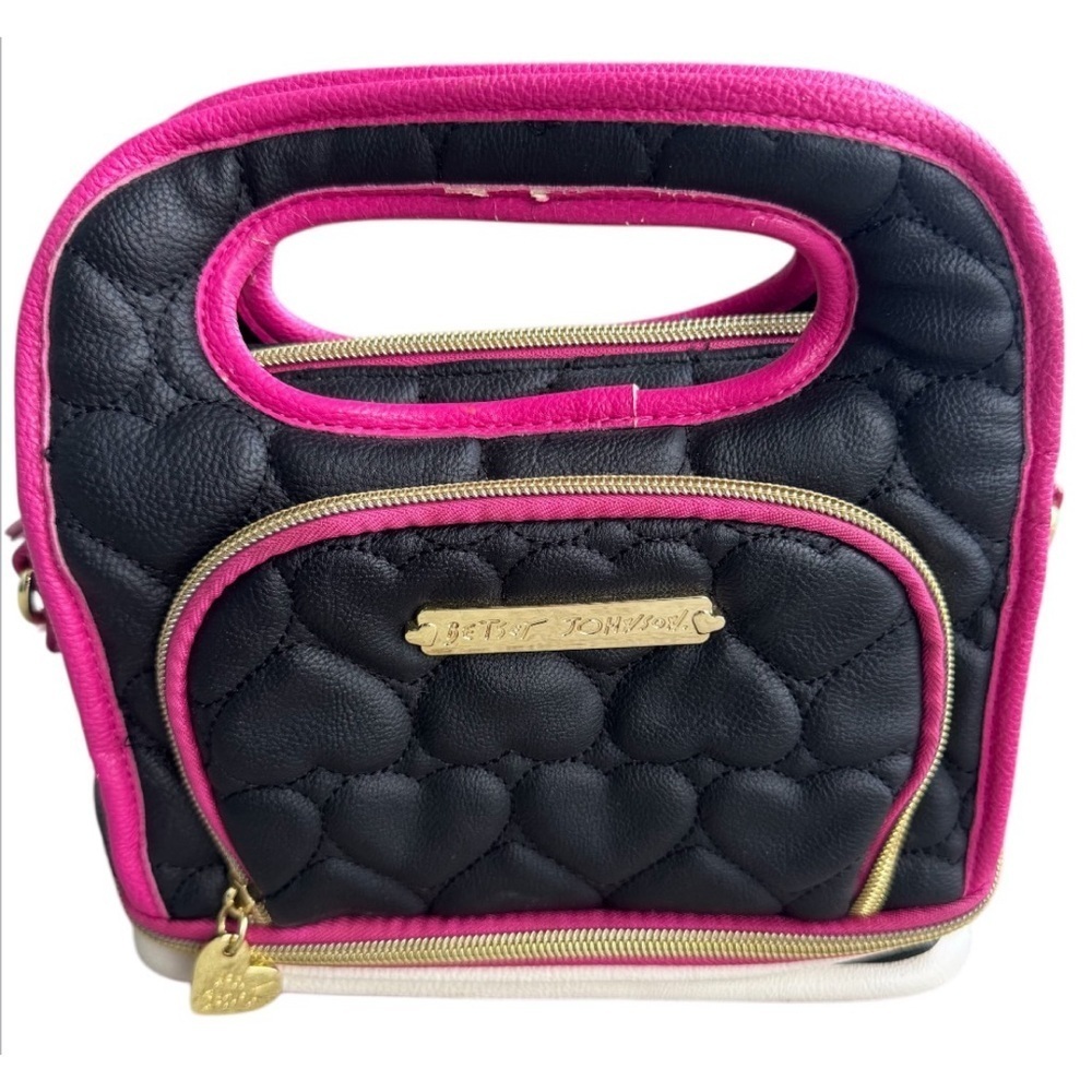 Betsey Johnson Black and Pink Quilted Insulated Lunch Handbag